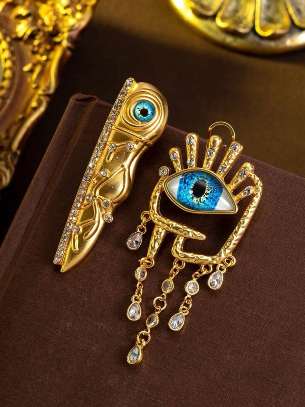 Schiaparelli Inspired Gold Blue Eye Drop Dangle clip-on Earrings